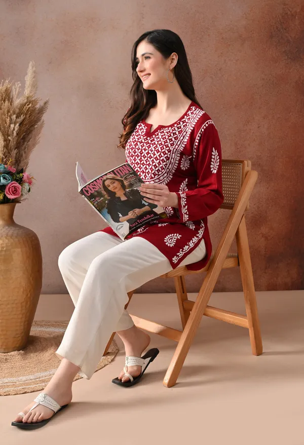 Maroon_Hand-Embroidered_Chikankari_Rayon_Short_Kurta