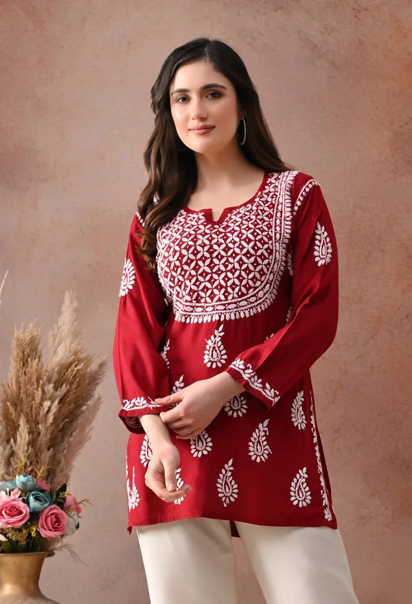 Maroon_Hand-Embroidered_Chikankari_Rayon_Short_Kurta