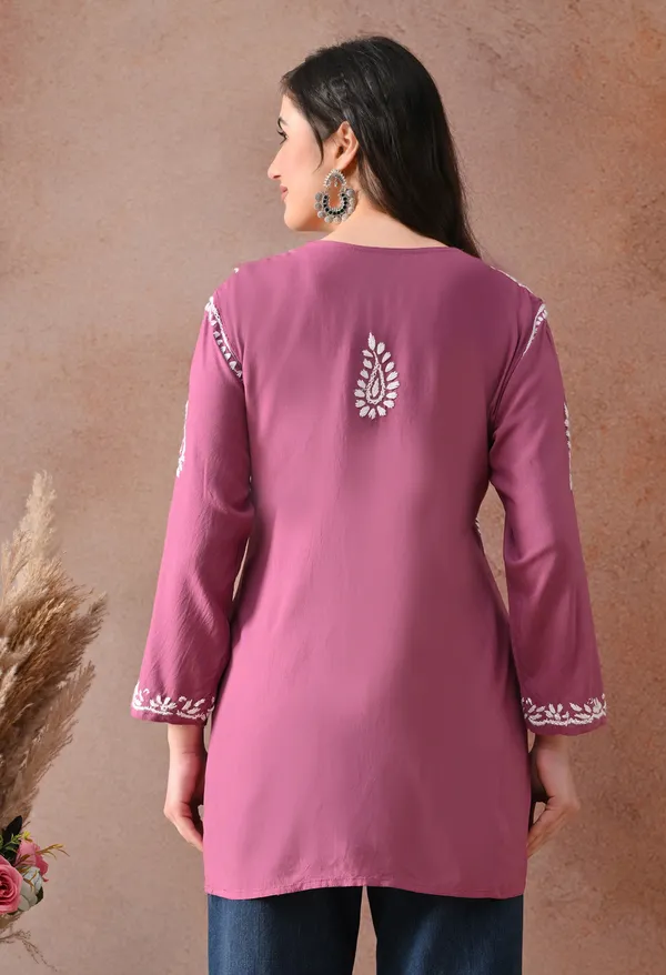 Onion_Pink_Hand-Embroidered_Chikankari_Rayon_Short_Kurta
