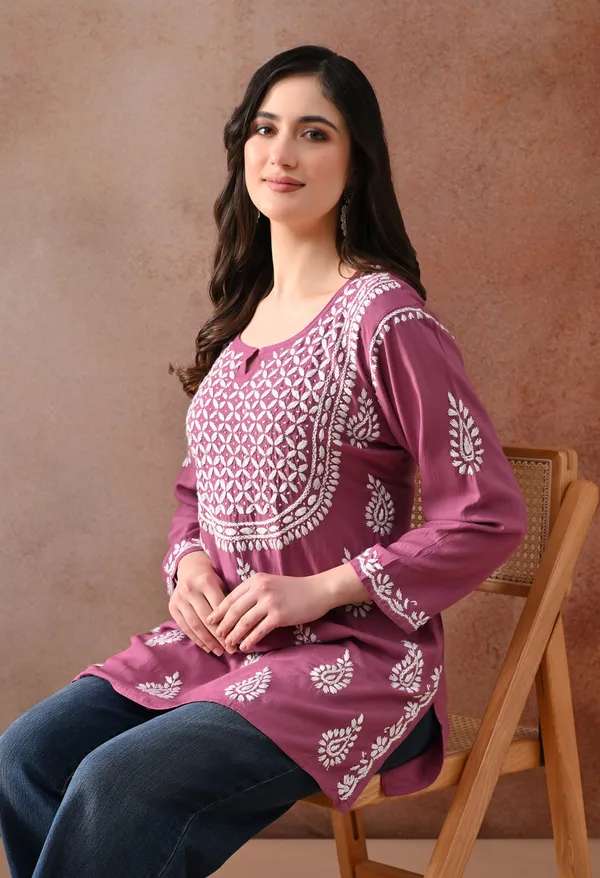 Onion_Pink_Hand-Embroidered_Chikankari_Rayon_Short_Kurta
