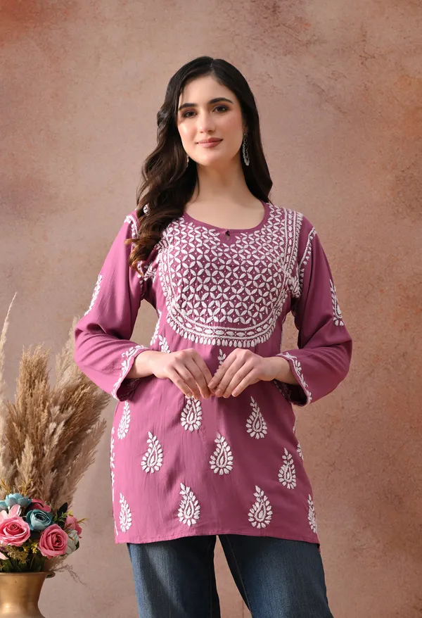 Onion_Pink_Hand-Embroidered_Chikankari_Rayon_Short_Kurta
