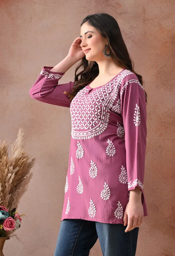 Onion_Pink_Hand-Embroidered_Chikankari_Rayon_Short_Kurta