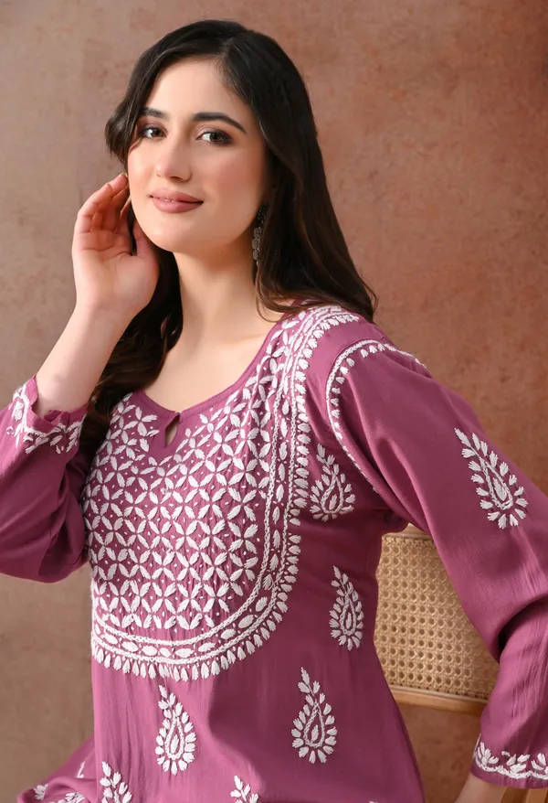 Onion_Pink_Hand-Embroidered_Chikankari_Rayon_Short_Kurta