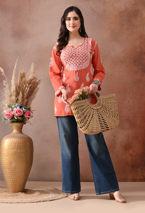 Peach_Hand-Embroidered_Chikankari_Rayon_Short_Kurta