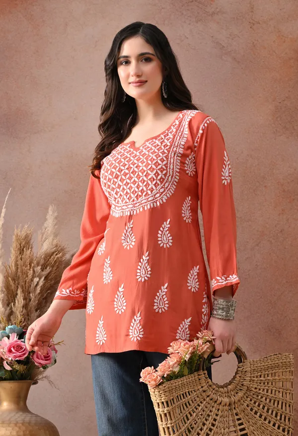 Peach_Hand-Embroidered_Chikankari_Rayon_Short_Kurta