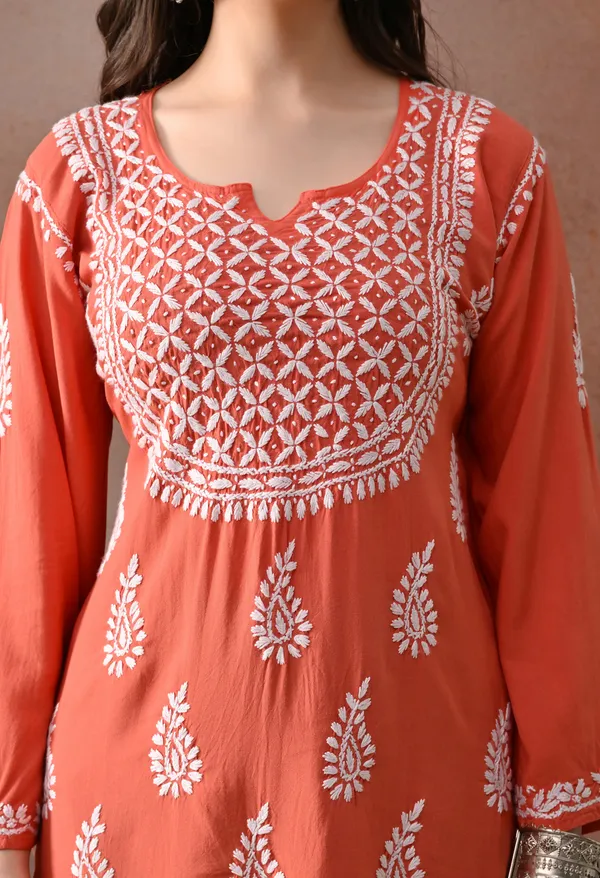 Peach_Hand-Embroidered_Chikankari_Rayon_Short_Kurta