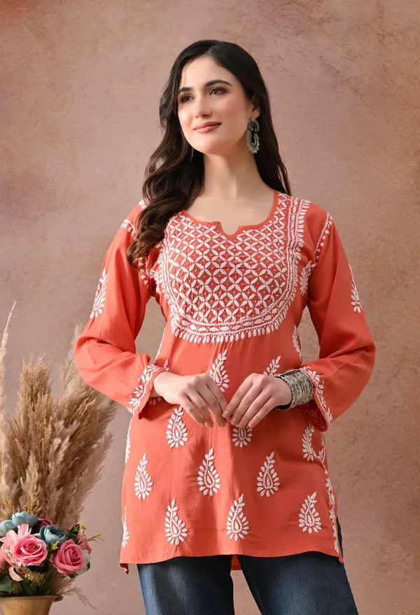 Peach_Hand-Embroidered_Chikankari_Rayon_Short_Kurta