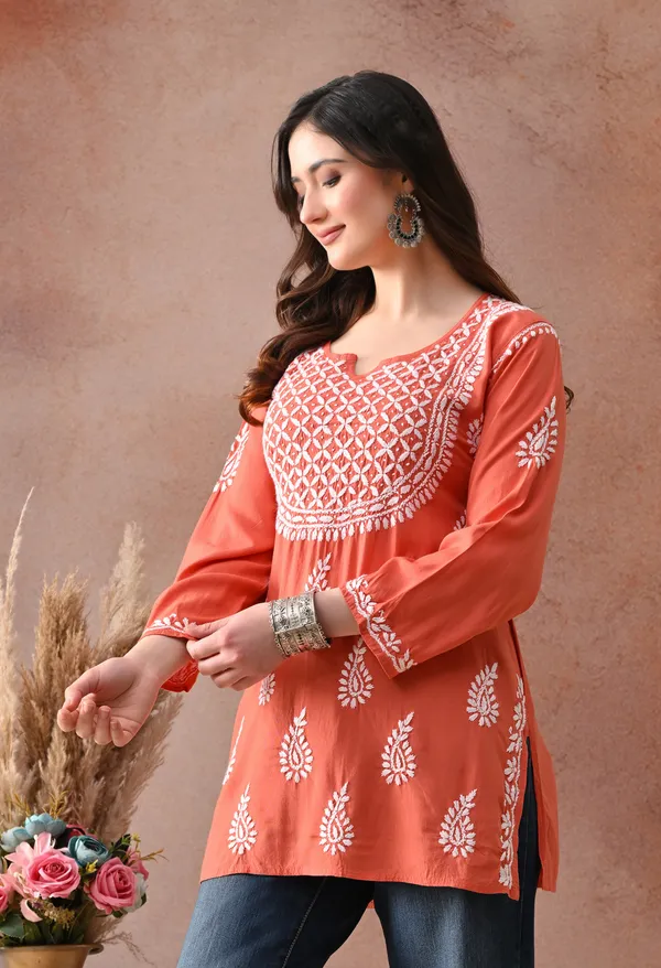 Peach_Hand-Embroidered_Chikankari_Rayon_Short_Kurta