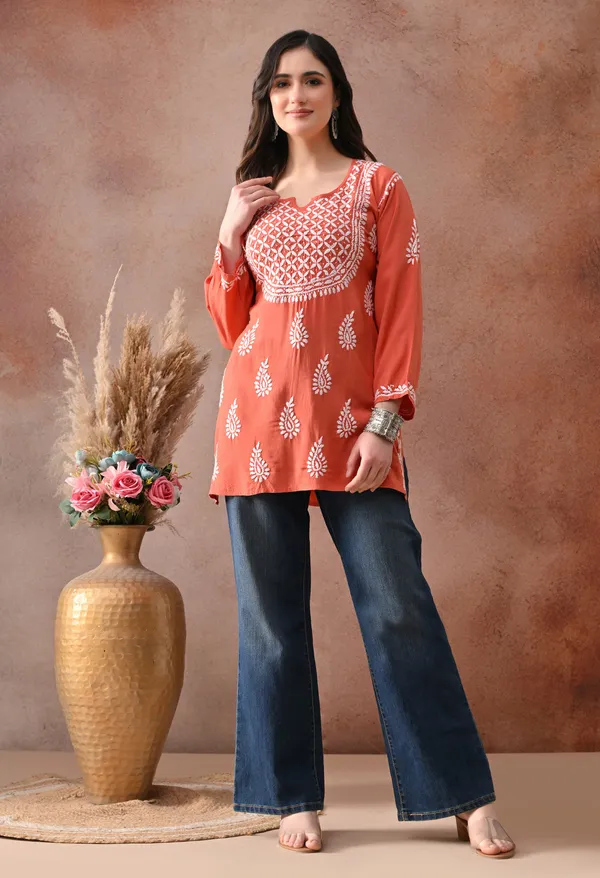 Peach_Hand-Embroidered_Chikankari_Rayon_Short_Kurta