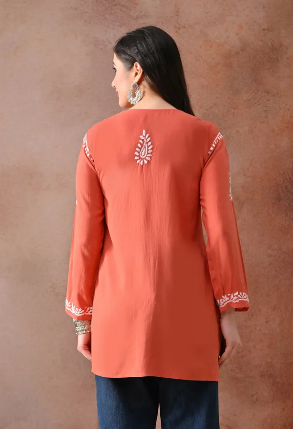 Peach_Hand-Embroidered_Chikankari_Rayon_Short_Kurta