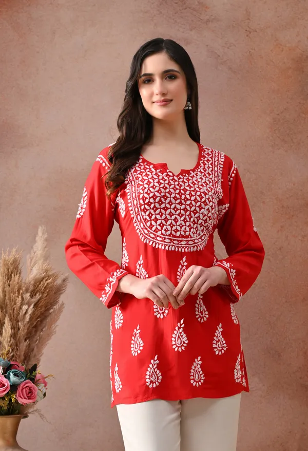 Red_Hand-Embroidered_Chikankari_Rayon_Short_Kurta