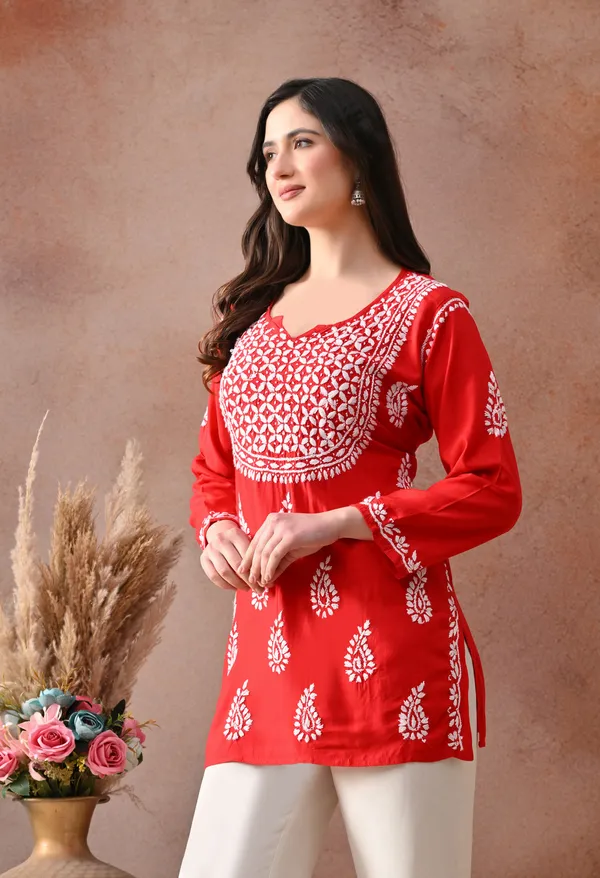 Red_Hand-Embroidered_Chikankari_Rayon_Short_Kurta