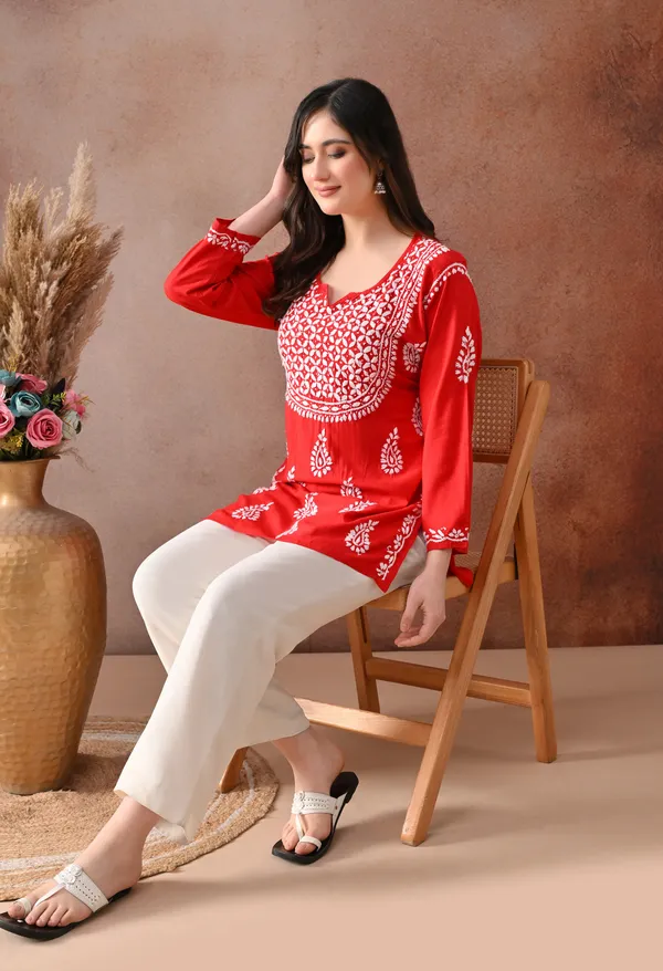 Red_Hand-Embroidered_Chikankari_Rayon_Short_Kurta