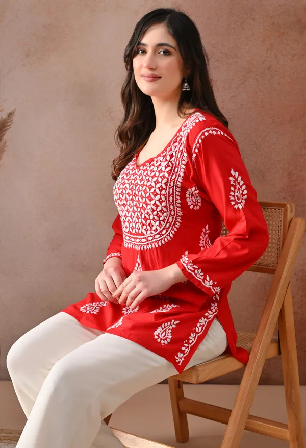 Red_Hand-Embroidered_Chikankari_Rayon_Short_Kurta