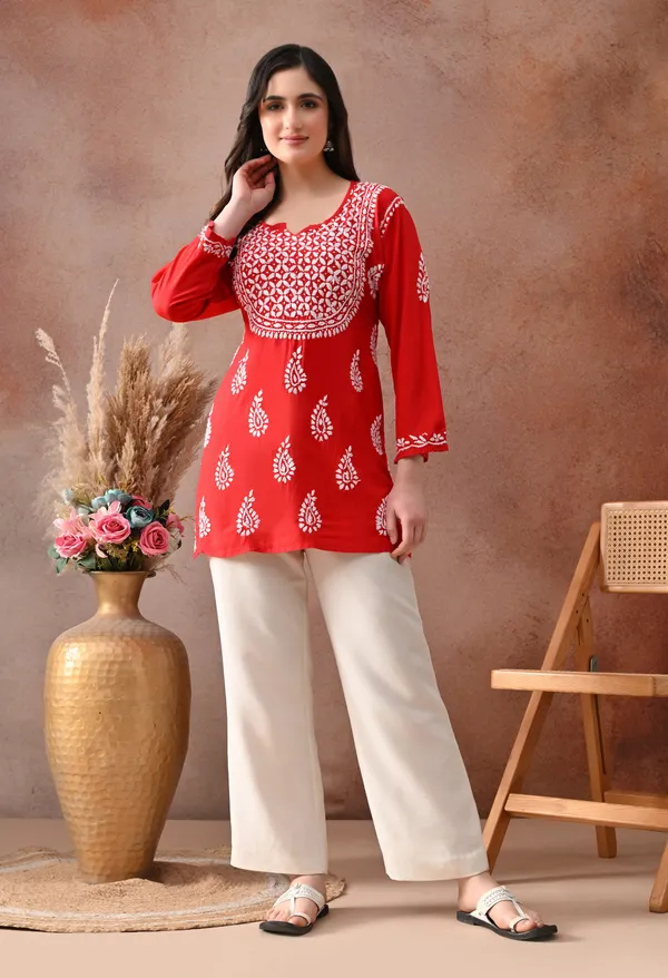 Red_Hand-Embroidered_Chikankari_Rayon_Short_Kurta