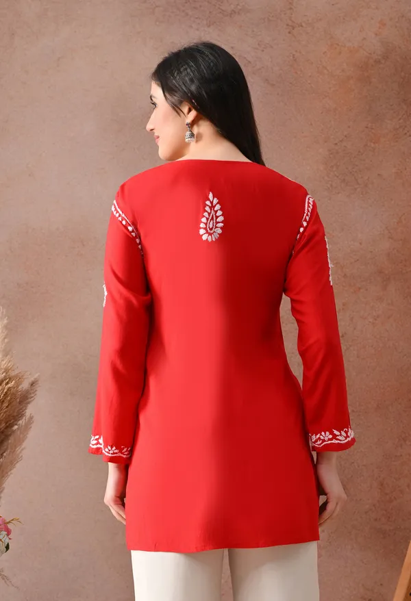 Red_Hand-Embroidered_Chikankari_Rayon_Short_Kurta
