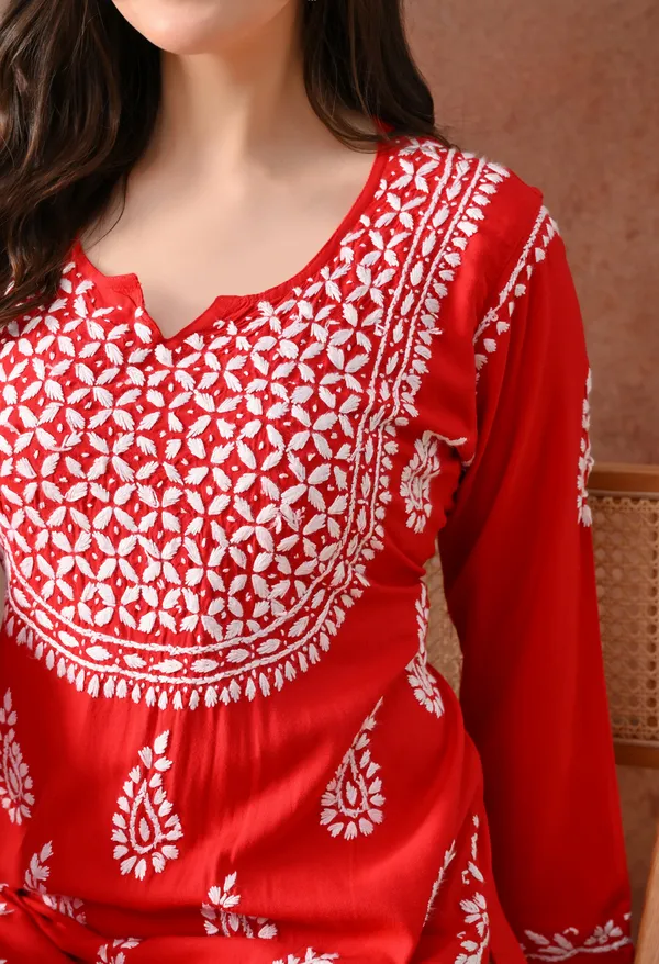 Red_Hand-Embroidered_Chikankari_Rayon_Short_Kurta