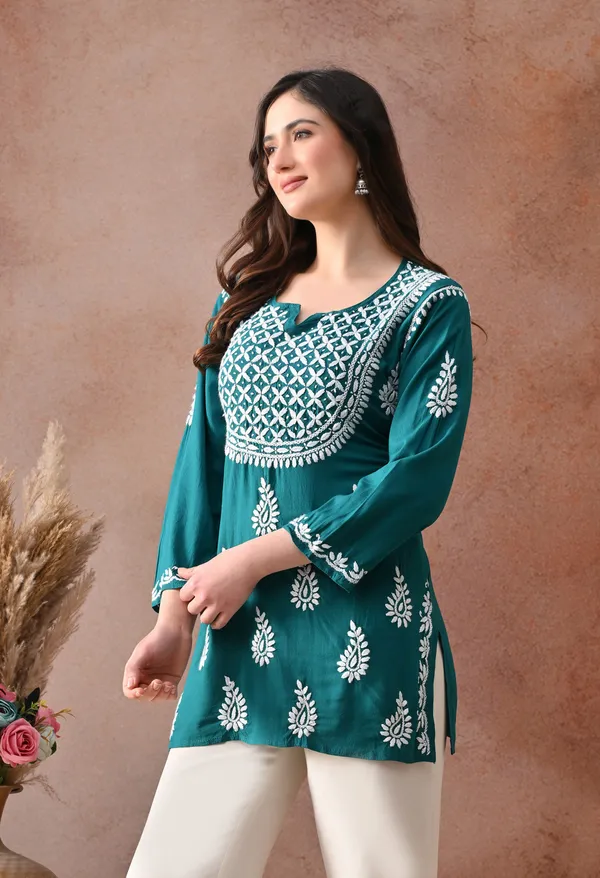 Teal_Hand-Embroidered_Chikankari_Rayon_Short_Kurta