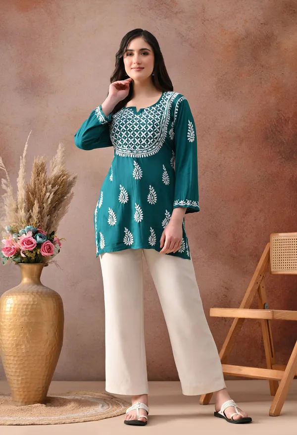 Teal_Hand-Embroidered_Chikankari_Rayon_Short_Kurta