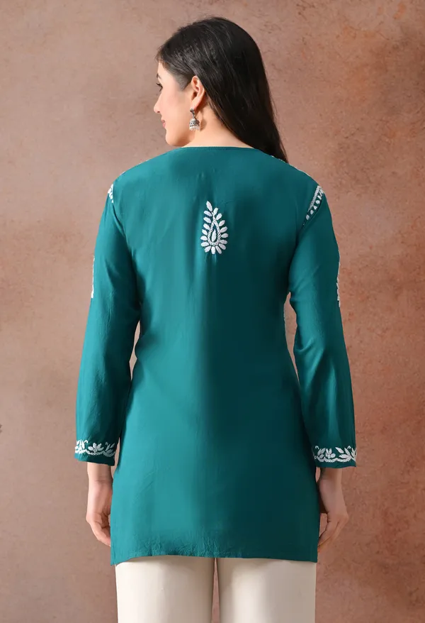 Teal_Hand-Embroidered_Chikankari_Rayon_Short_Kurta