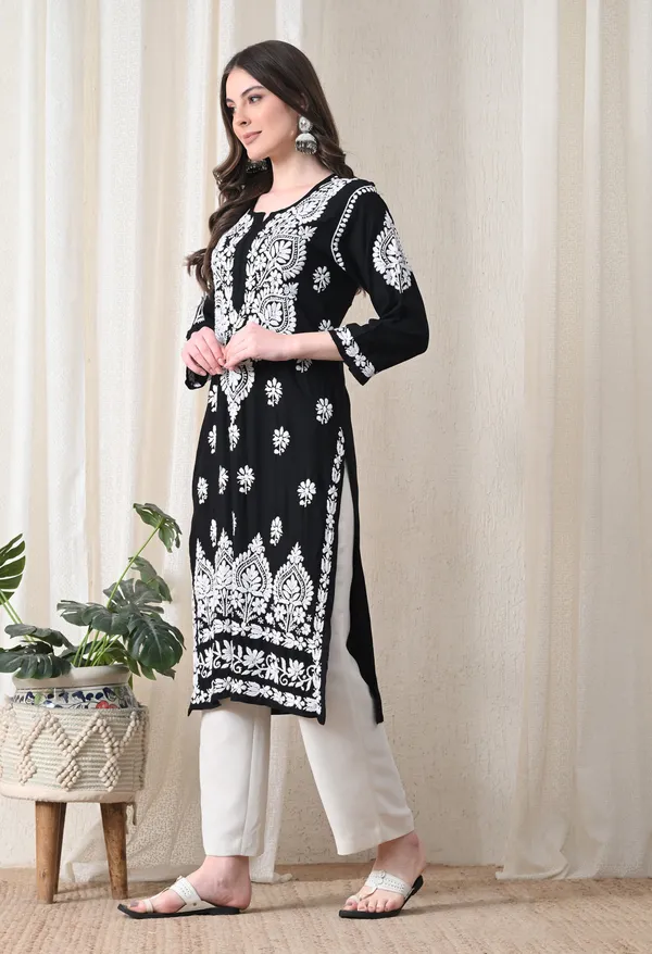 Black_&_White_Hand-Embroidered_Chikankari_Rayon_Straight_Kurta