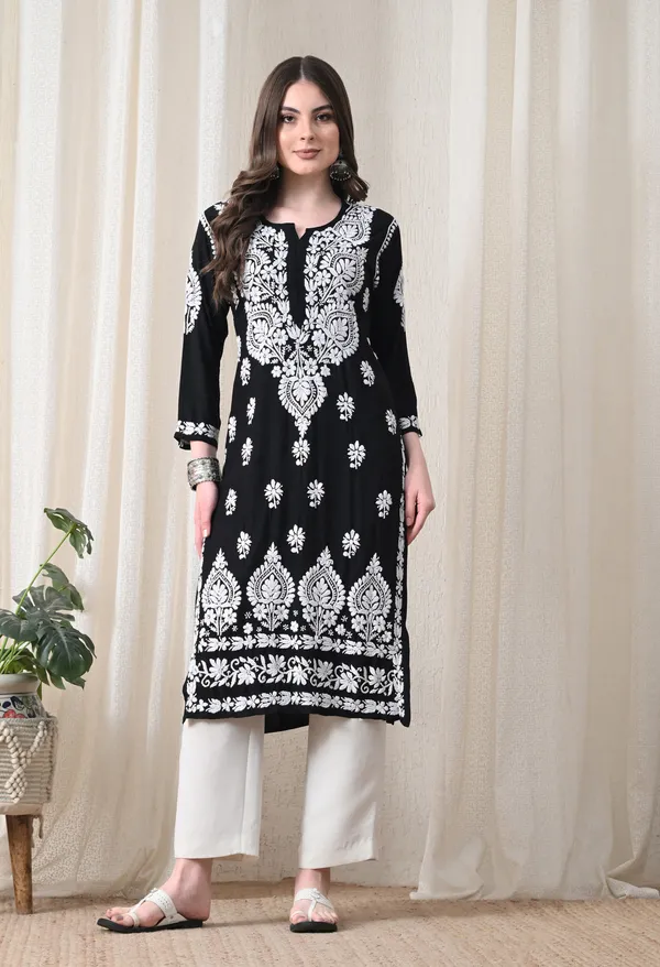 Black_&_White_Hand-Embroidered_Chikankari_Rayon_Straight_Kurta