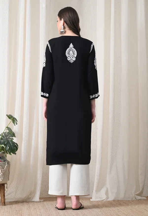 Black_&_White_Hand-Embroidered_Chikankari_Rayon_Straight_Kurta