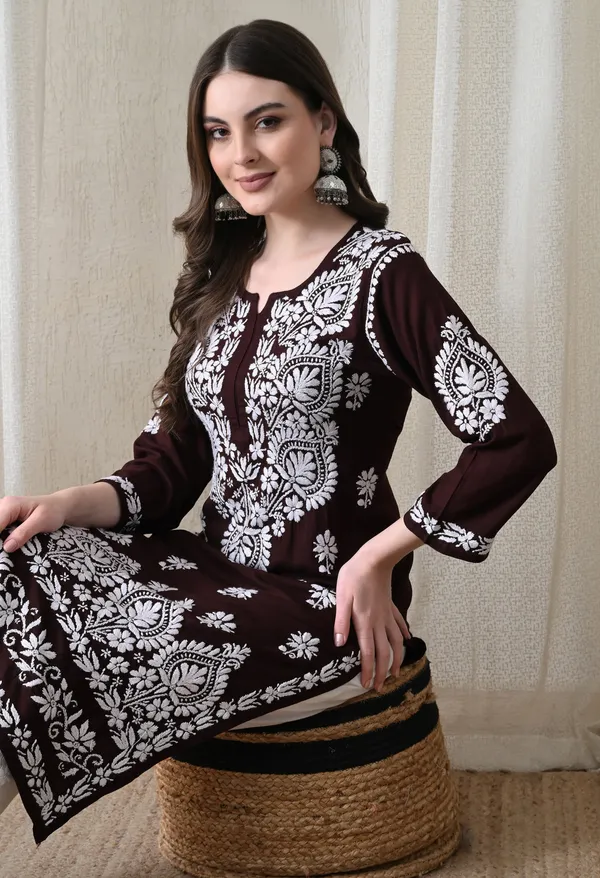 Brown_&_White_Hand-Embroidered_Chikankari_Rayon_Straight_Kurta