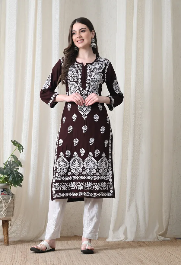 Brown_&_White_Hand-Embroidered_Chikankari_Rayon_Straight_Kurta