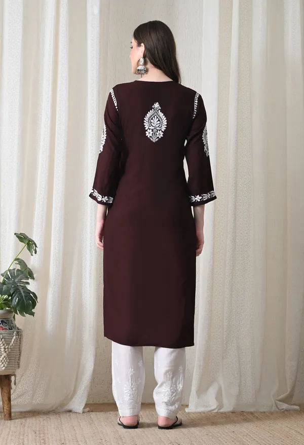 Brown_&_White_Hand-Embroidered_Chikankari_Rayon_Straight_Kurta