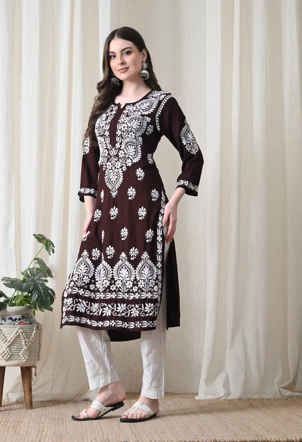 Brown_&_White_Hand-Embroidered_Chikankari_Rayon_Straight_Kurta