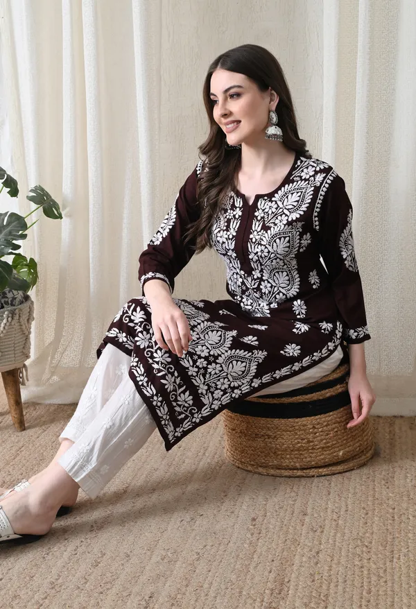 Brown_&_White_Hand-Embroidered_Chikankari_Rayon_Straight_Kurta