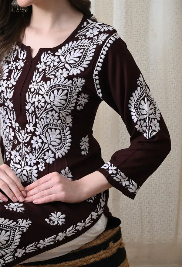 Brown_&_White_Hand-Embroidered_Chikankari_Rayon_Straight_Kurta