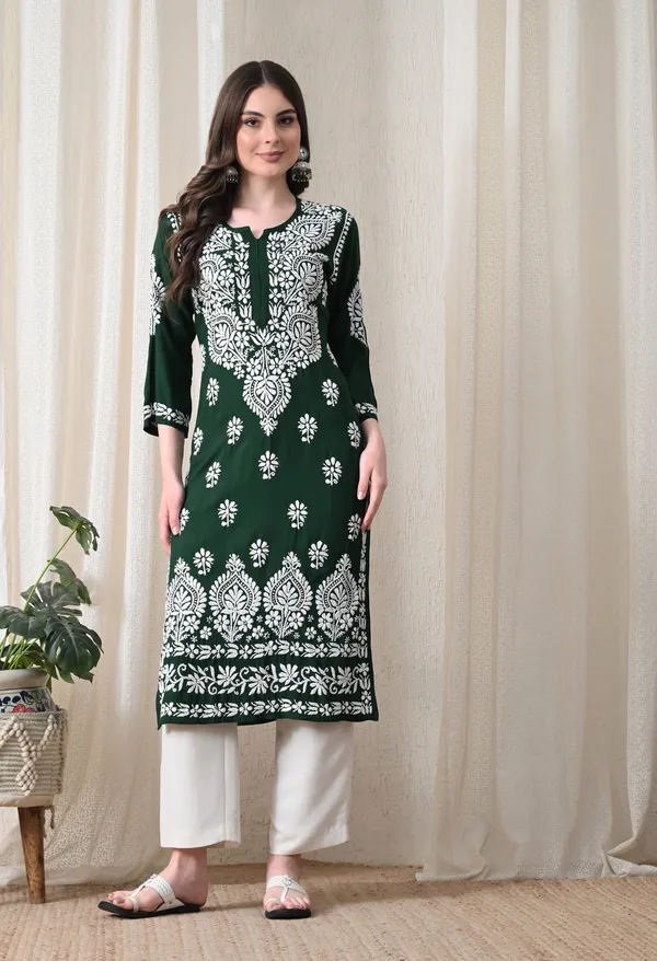 Green_&_White_Hand-Embroidered_Chikankari_Rayon_Straight_Kurta