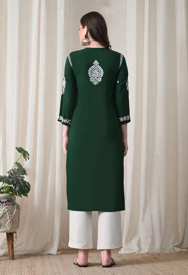Green_&_White_Hand-Embroidered_Chikankari_Rayon_Straight_Kurta