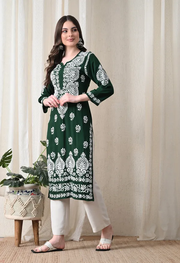Green_&_White_Hand-Embroidered_Chikankari_Rayon_Straight_Kurta