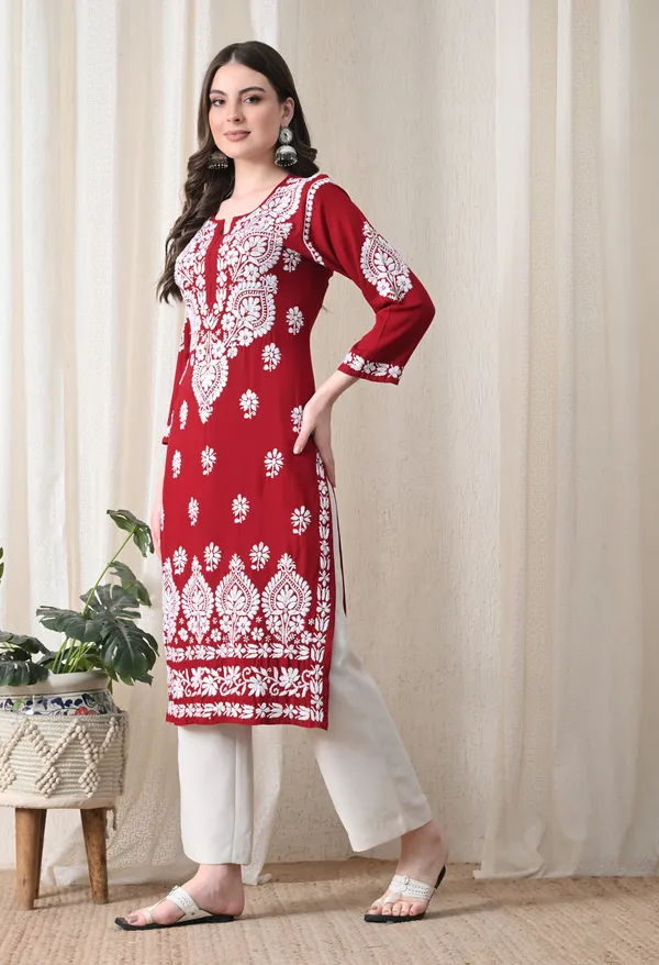 Maroon_&_White_Hand-Embroidered_Chikankari_Rayon_Straight_Kurta