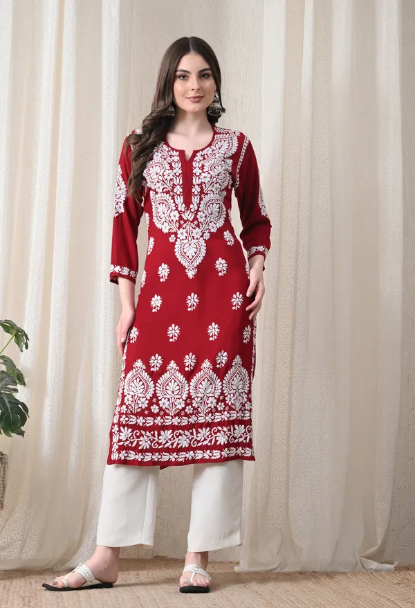 Maroon_&_White_Hand-Embroidered_Chikankari_Rayon_Straight_Kurta