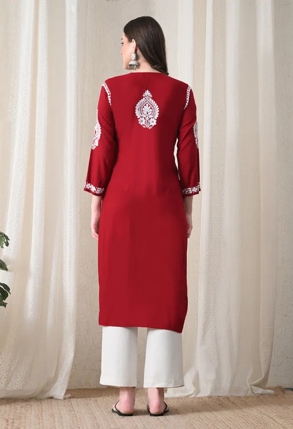 Maroon_&_White_Hand-Embroidered_Chikankari_Rayon_Straight_Kurta