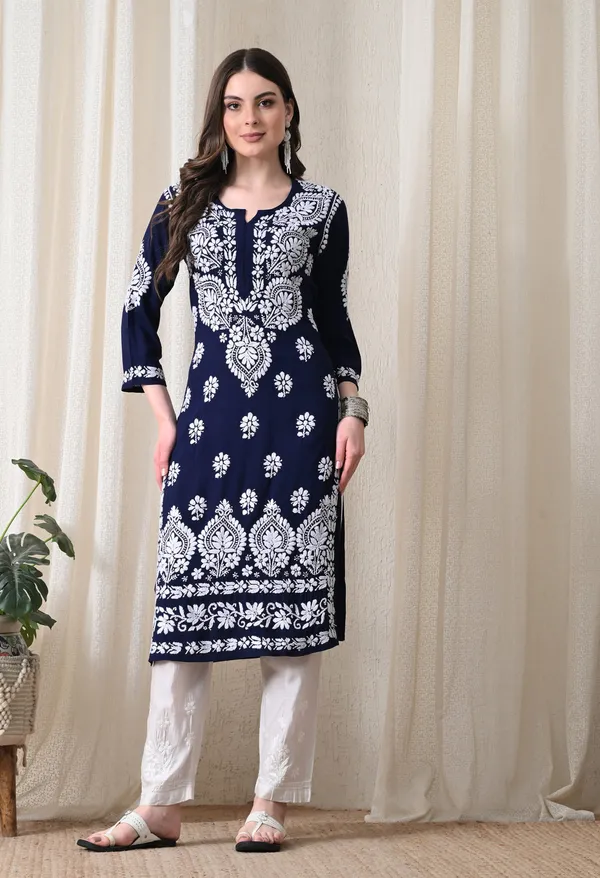 Navy_Blue_&_White_Hand-Embroidered_Chikankari_Rayon_Straight_Kurta