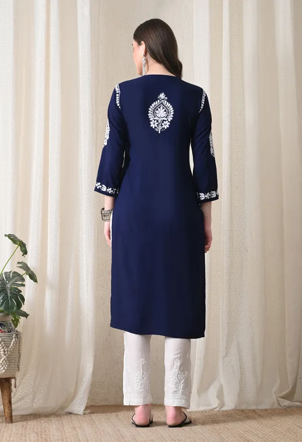 Navy_Blue_&_White_Hand-Embroidered_Chikankari_Rayon_Straight_Kurta