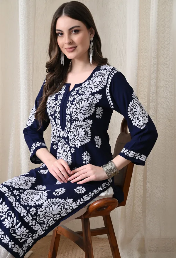 Navy_Blue_&_White_Hand-Embroidered_Chikankari_Rayon_Straight_Kurta