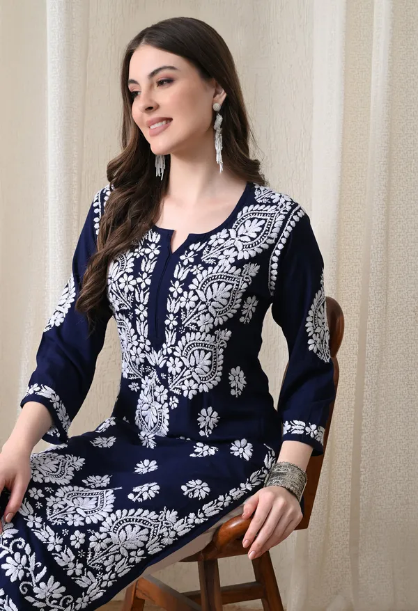 Navy_Blue_&_White_Hand-Embroidered_Chikankari_Rayon_Straight_Kurta