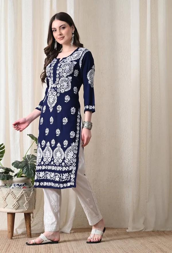 Navy_Blue_&_White_Hand-Embroidered_Chikankari_Rayon_Straight_Kurta