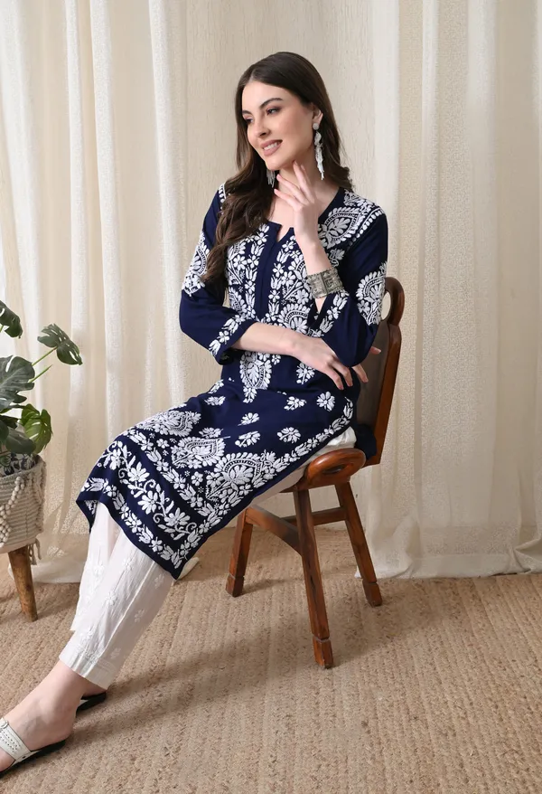 Navy_Blue_&_White_Hand-Embroidered_Chikankari_Rayon_Straight_Kurta