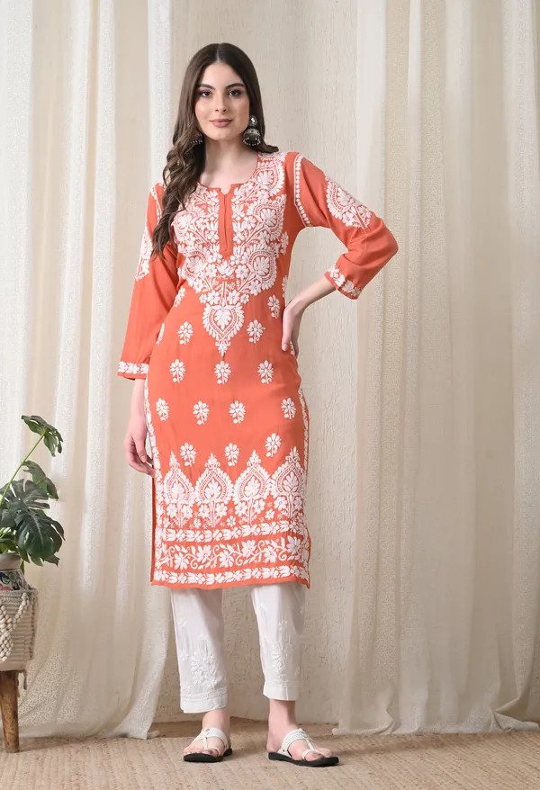 Peach_&_White_Hand-Embroidered_Chikankari_Rayon_Straight_Kurta