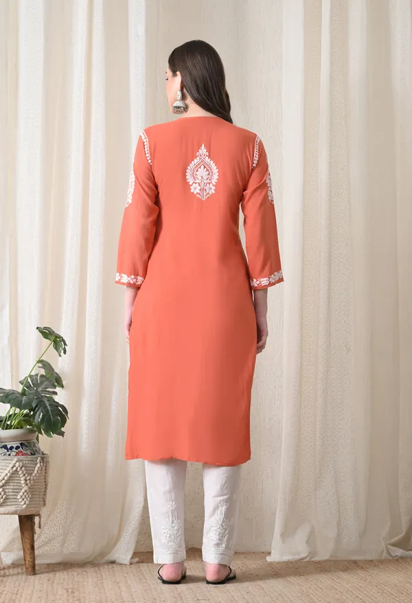 Peach_&_White_Hand-Embroidered_Chikankari_Rayon_Straight_Kurta