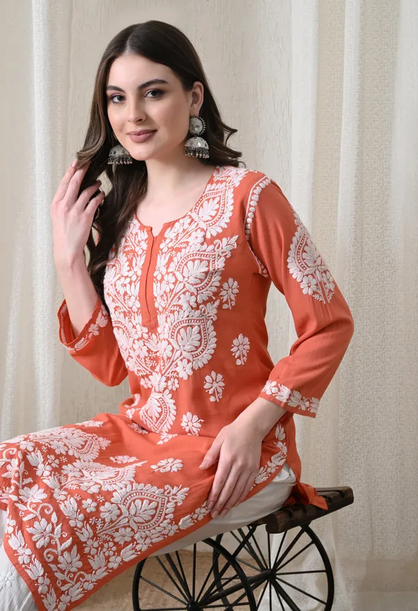 Peach_&_White_Hand-Embroidered_Chikankari_Rayon_Straight_Kurta