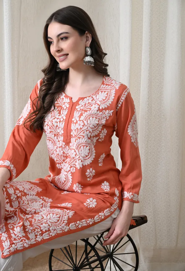 Peach_&_White_Hand-Embroidered_Chikankari_Rayon_Straight_Kurta