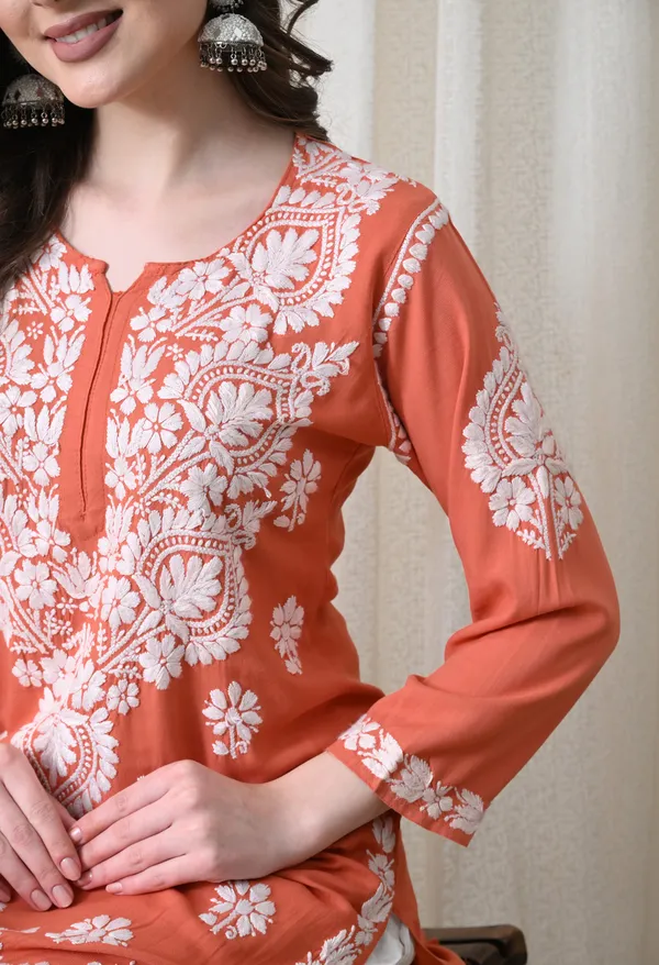 Peach_&_White_Hand-Embroidered_Chikankari_Rayon_Straight_Kurta